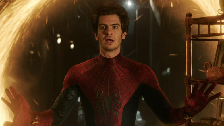 Andrew Garfield as Spider-Man, stepping through a portal, in Spider-Man: No Way Home