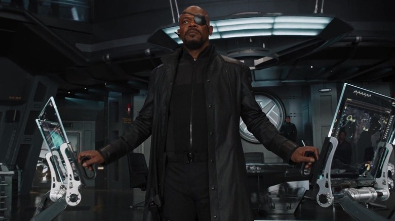 Samuel L. Jackson as Nick Fury standing on a helicarrier in The Avengers
