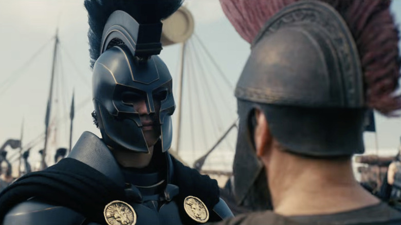 Benny Safdie as Agamemnon confronting Matt Damon as Odysseus in The Odyssey (2026)