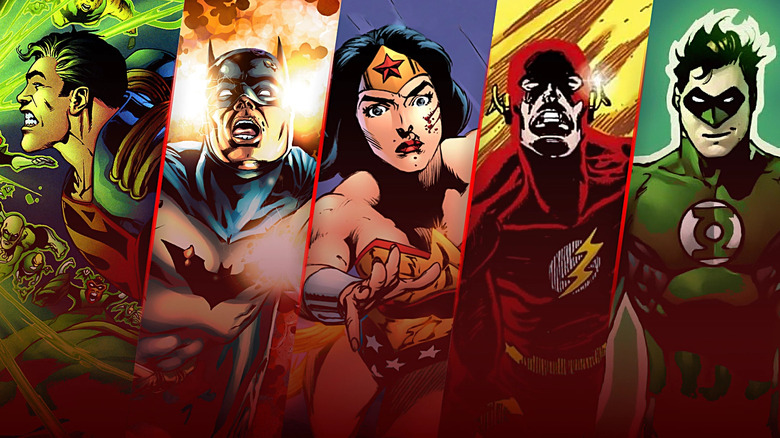 Images of Superboy-Prime, Batman, Wonder Woman, The Flash, and Green Lantern edited together