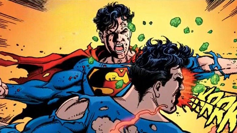 Superboy-Prime smacks Superman with kryptonite