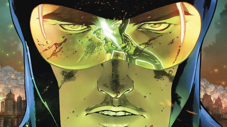 Booster Gold watches Hal Jordan fire a blast into his head