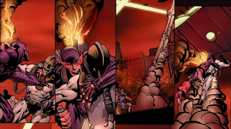 Hawkeye tackles a kree soldier and flies them both into a spaceship