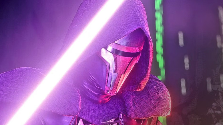 Darth Revan in the glow of a purple lightsaber in Star Wars: Knights of the Old Republic