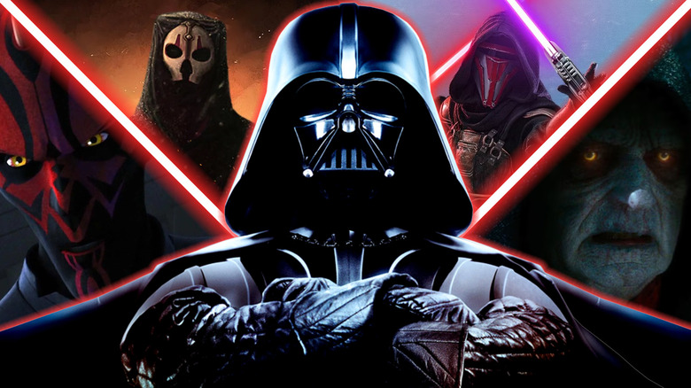 Darth Maul, Darth Nihilus, Darth Revan, and Darth Sidious situated around Darth Vader in a composite image