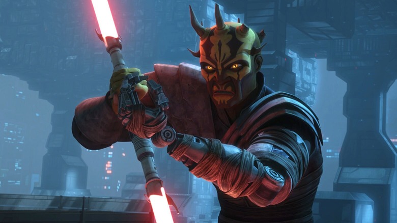 Savage Opress wielding a dual-bladed red lightsaber on Star Wars: The Clone Wars