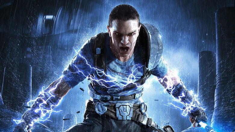 Starkiller screaming, electrified, and holding two lightsabers in art from Star Wars: The Force Unleashed
