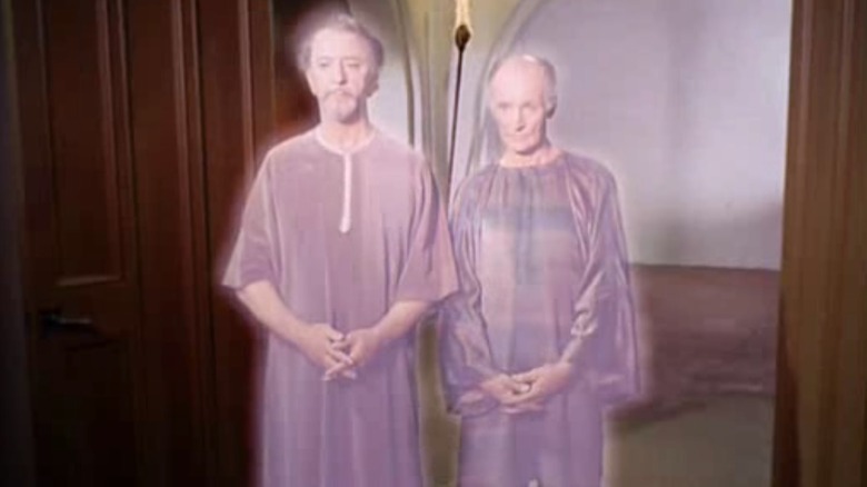 Ayelborne (John Abbott) and Claymare (Peter Brocco) glow with purple energy in Star Trek: The Original Series