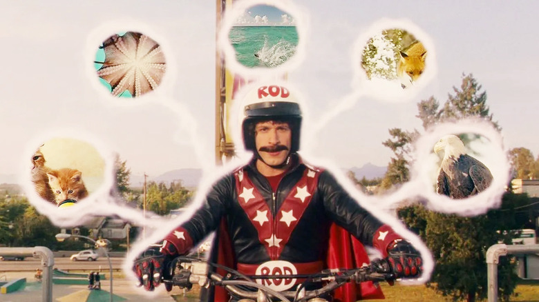 Andy Samberg as Rod Kimble in Hot Rod, imagining animal spirits helping him with a stunt jump