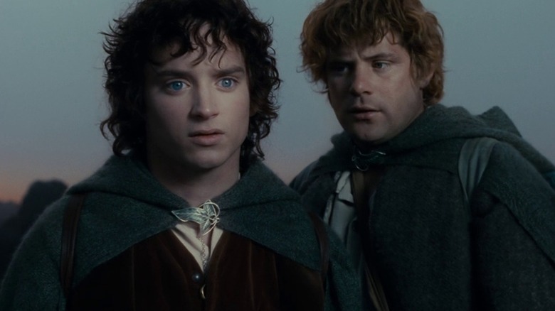 Elijah Wood as Frodo Baggins and Sean Astin as Samwise Gamgee in The Lord of the Rings: The Fellowship of the Ring, with Frodo looking off into the distance and Samwise looking on at him.