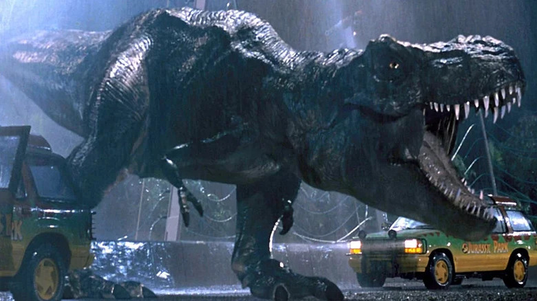 The Tyrannosaurus rex escapes her enclosure in Jurassic Park