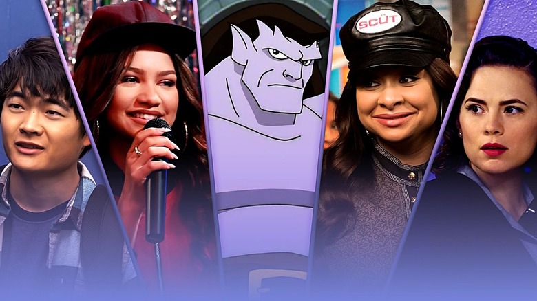 Ben Wang as Jin Wang in American Born Chinese stands next to Zendaya as K.C. Cooper in K.C. Undercover, Goliath in Gargoyles, Raven-Symoné as Raven Baxter in Raven's Home and Haley Atwell as Peggy Carter in Agent Carter