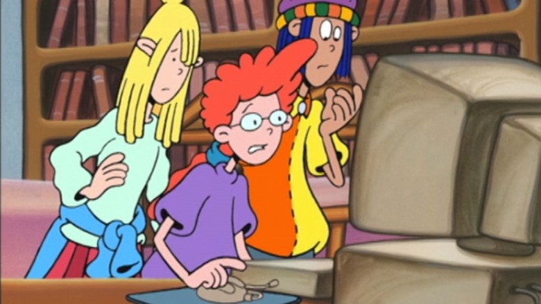 Nicky, Pepper Ann, and Milo look at a computer on Pepper Ann