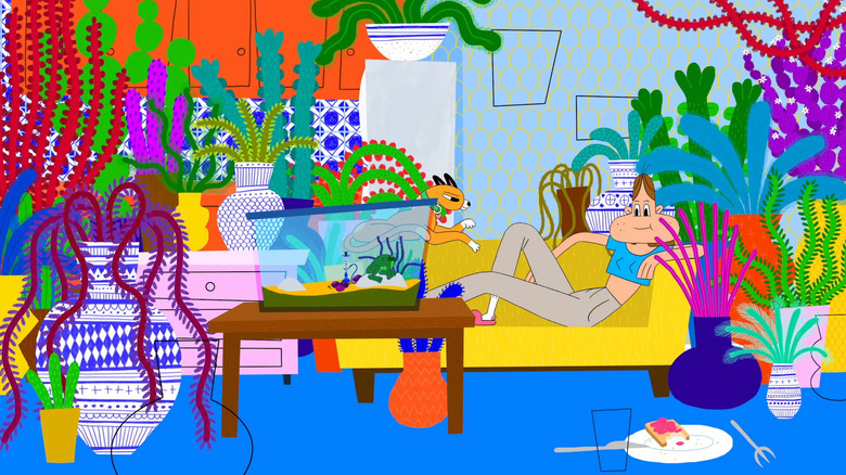 An animated tabelu of a woman sitting in a crowded apartment with her cat