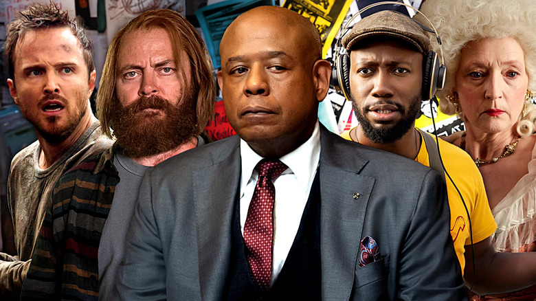 Composite Image of Eddie (Aaron Paul) from The Path, Forest (Nick Offerman) from Devs, Bumpy Johnson (Forest Whitaker) from Godfather of Harlem, Keef (Lamorne Morris) from Woke, and Lydia (Lesley Manville) from Harlots