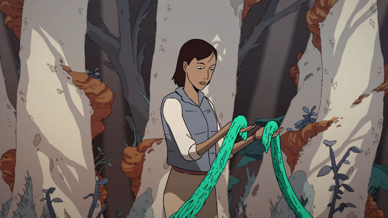 Ursula examining vines in Scavengers Reign