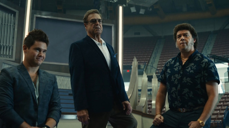 Kelvin (Adam DeVine), Eli (John Goodman), and Jesse (Danny McBride) squaring off against rival in The Righteous Gemstones