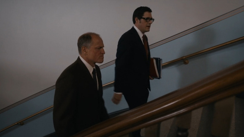 E. Howard Hunt (Woody Harrelson) walking with Egil Krogh (Rich Sommer) in White House Plumbers