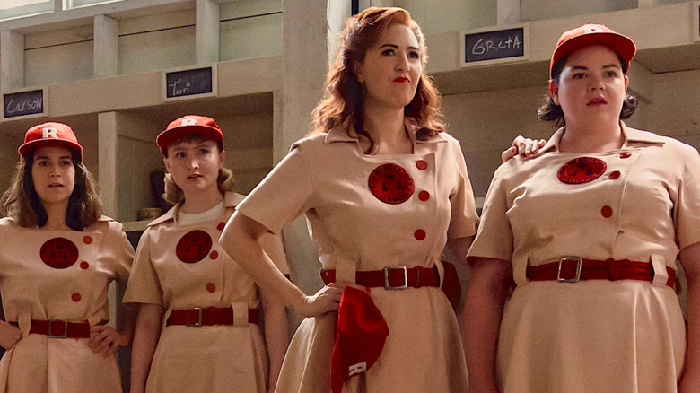 The Rockford Peaches stand together in the locker room in A League of Their Own