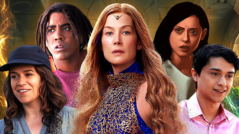 A collage of Carson Shaw (Abbi Jacobson) in A League of Their Own (2022), Cootie (Jharrel Jerome) in I'm a Virgo, Moiraine Damodred (Rosamund Pike) in The Wheel of Time, Alma Winograd-Diaz (Rosa Salazar) in Undone, and Rafa (Ignacio Diaz-Silverio) in Primo