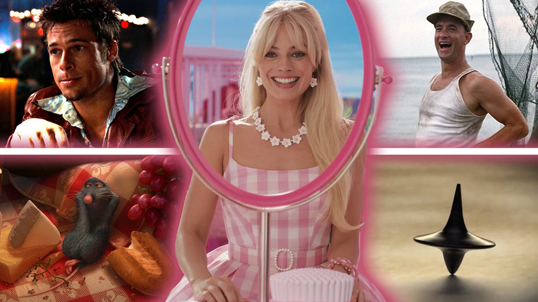 Margot Robbie as Barbie surrounded by shots from Fight Club, Forrest Gump, Ratatouille, and Inception in a composite image