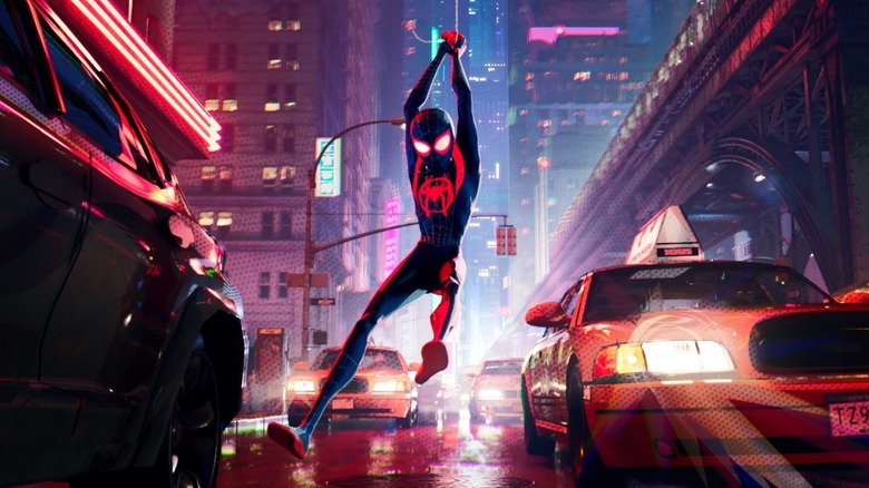 Miles Morales swings through the city in Spider-Man: Into the Spider-Verse.