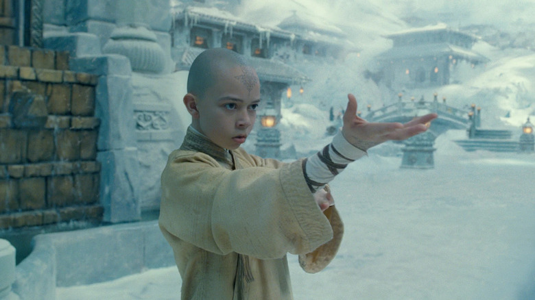 Noah Ringer as Aang practices his powers in The Last Airbender