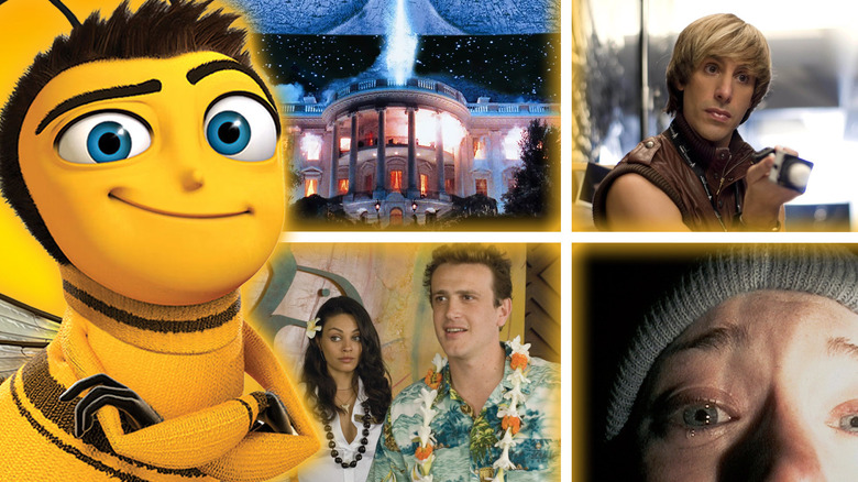 A collage featuring Bee Movie, ID4, Forgetting Sarah Marshall, Bruno, and The Blair Witch Project