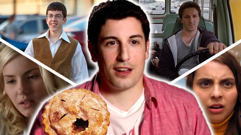 Jason Biggs from American Pie surrounded by images from The Girl Next Door, Superbad, Road Trip, and Booksmart in a composite image