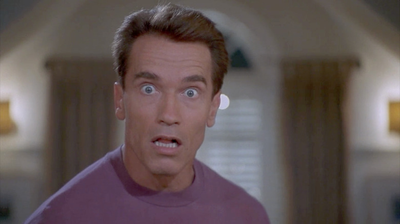 Arnold Schwarzenegger as Howard Langston stares at the camera in Jingle All the Way
