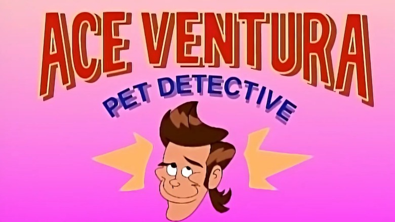 The title card for Ace Ventura: Pet Detective, featuring the title and a cartoon version of Jim Carrey looking smug