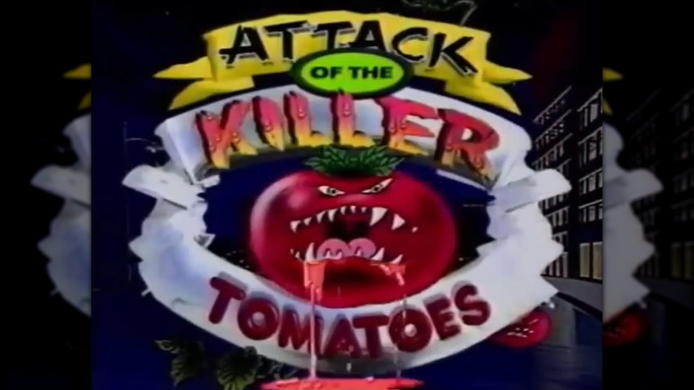 the Attack of the Killer Tomatoes title card, featuring a fanged tomato inside the logo