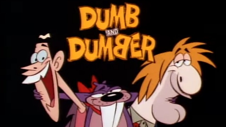 The title card for Dumb and Dumber, featuring animated versions of Jim Carrey, Jeff Daniels, and a purple beaver
