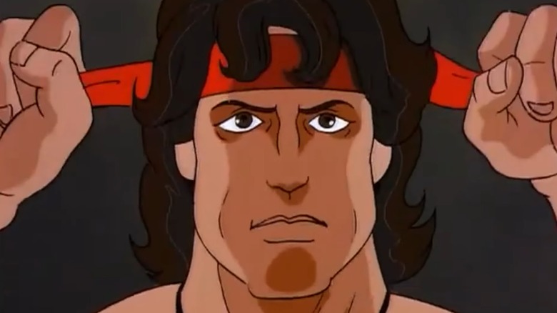 The animated Rambo ties a red bandana around his forehead