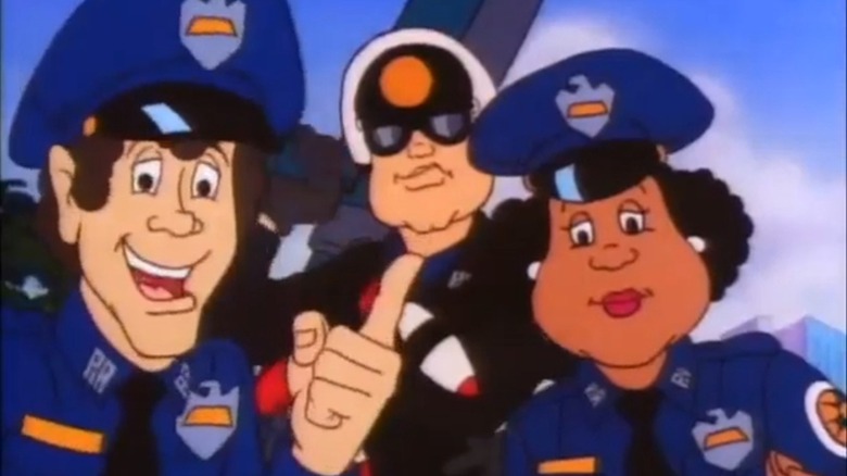 Cops from the Police Academy animated show looking directly into the camera