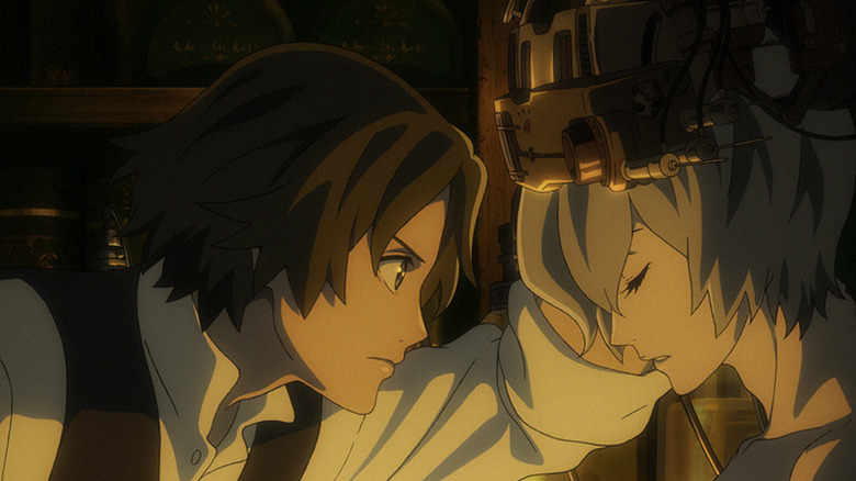 A young man with brown hair is staring intensely as a young blonde man with his eyes shut in Empire of Corpses