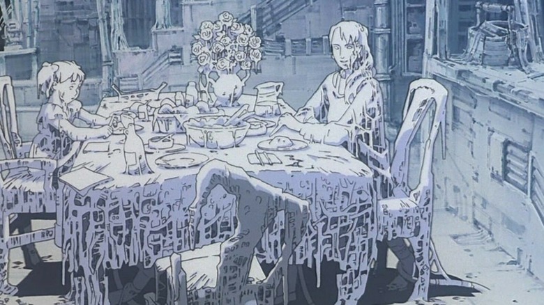 A family sitting at the dinner table are stark white and melting in Memories