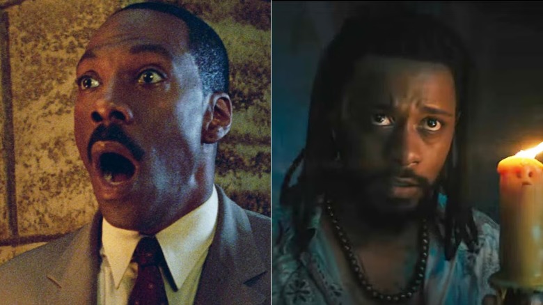 Eddie Murphy as Jim Evers looks scared in The Haunted Mansion and LaKeith Stanfield as Ben Matthias holds a candle in The Haunted Mansion