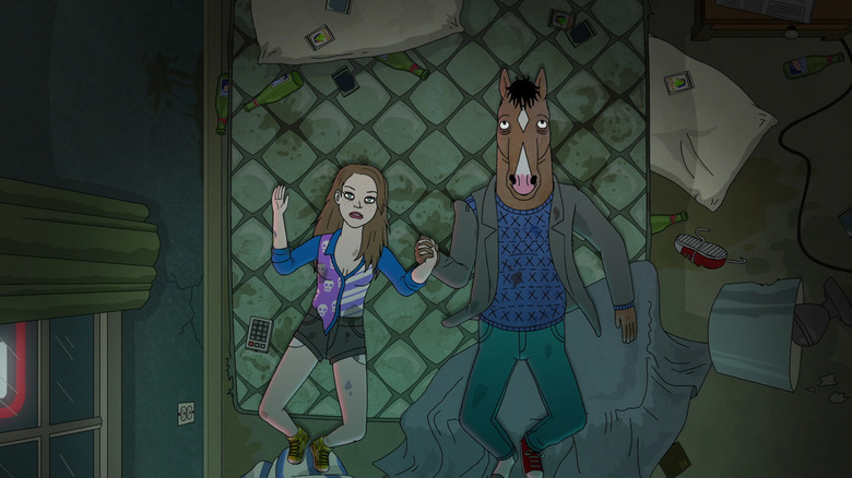 BoJack and Sarah-Lynn holding hands and lying together on a dirty hotel mattress on BoJack Horseman