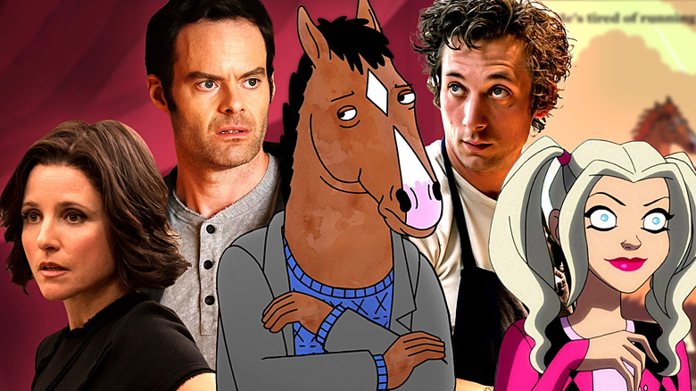 Images of Selena Meyer from Veep, Barry Berkman from Barry, BoJack Horseman from BoJack Horseman, Carmen from The Bear, and Harleen Quinzel from Harley Quinn edited together