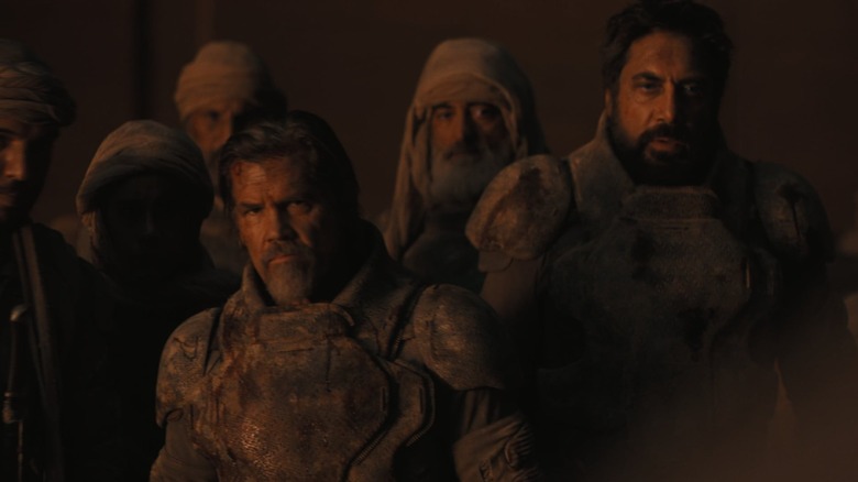 Josh Brolin as Gurney and Javier Bardem as Stilgar in their dusty armor in Dune Part Two