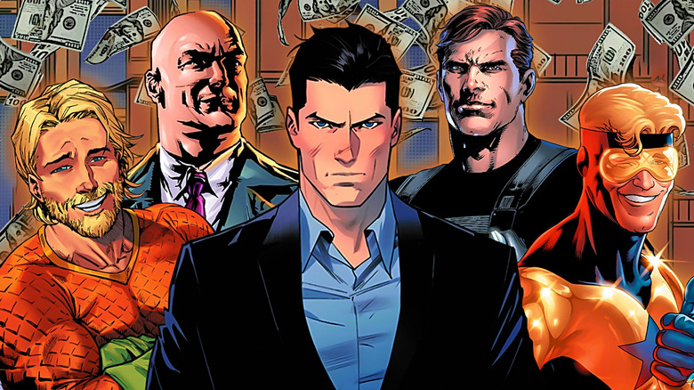 Images of Aquaman, Lex Luthor, Bruce Wayne, Maxwell Lord, and Booster Gold edited together, with money raining down behind them