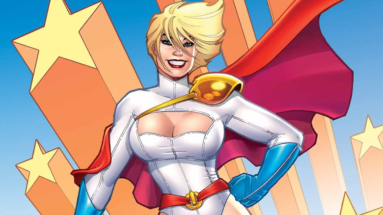 Power Girl smiles as stars rise behind her