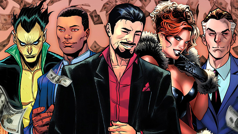 Images of Namor, T'Challa, Tony Stark, Madelyne Pryor, and Reed Richards edited together