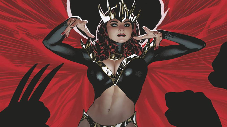 Madelyne Pryor wears a crown and hovers