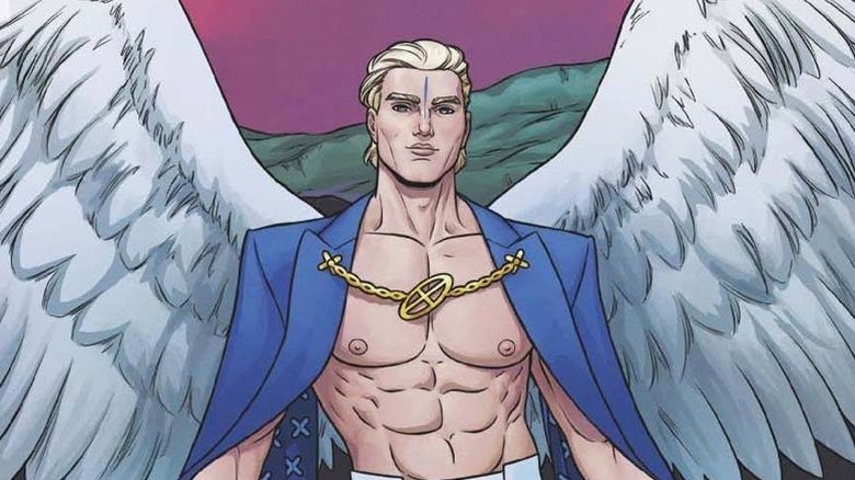 Warren Worthington the Third -- aka Angel -- wearing a suit and a stripe of blue facepaint