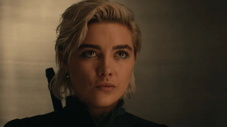 Florence Pugh as Yelena Belova looking serious in Thunderbolts*