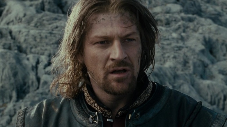 Sean Bean as Boromir with his mouth agape in The Fellowship of the Ring