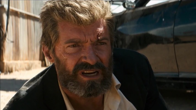 Hugh Jackman as Wolverine looking confused in Logan