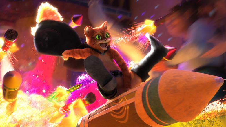 Puss in Boots riding a firework in Puss in Boots The Last Wish